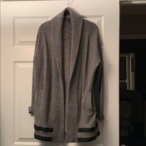 Long Sweater w/Faux Leather Stripes & Pockets